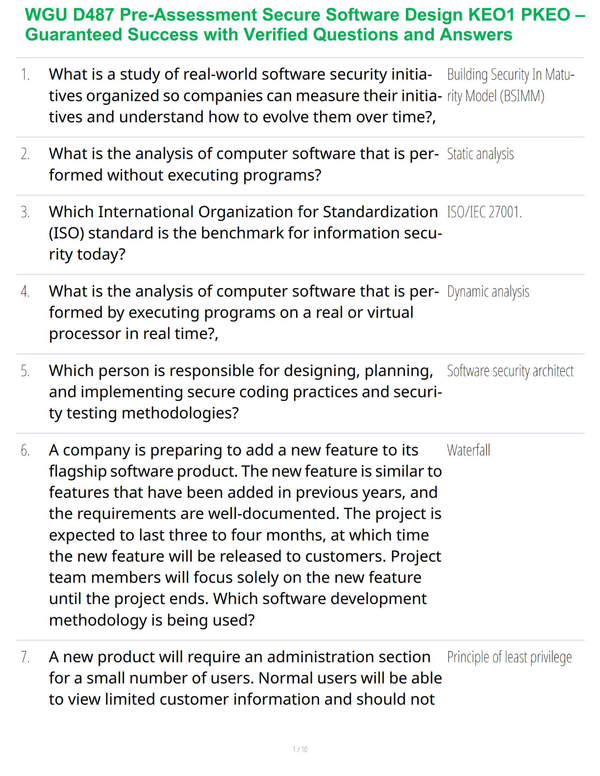 WGU D487 Pre-Assessment Secure Software Design KEO1 PKEO – Guaranteed Success with Verified Questions and Answers