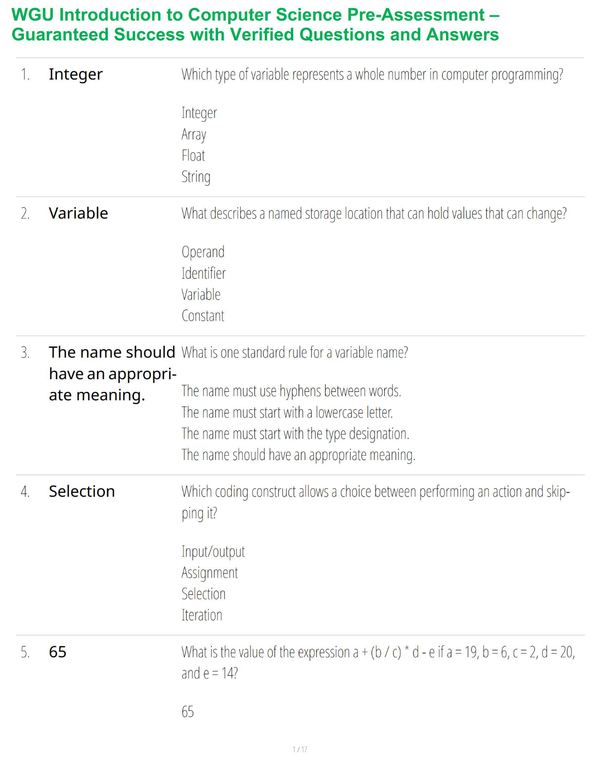 WGU Introduction to Computer Science Pre-Assessment – Guaranteed Success with Verified Questions and Answers