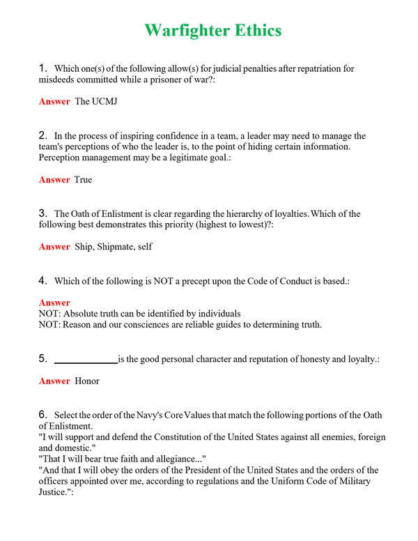 Warfighter Ethics | Actual Questions and Verified Answers ( Included ) 100% Correct