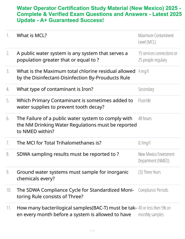 Water Operator Certification Study Material (New Mexico) 2025 - Complete & Verified Exam Questions and Answers - Latest 2025 Update - A+ Guaranteed Success!