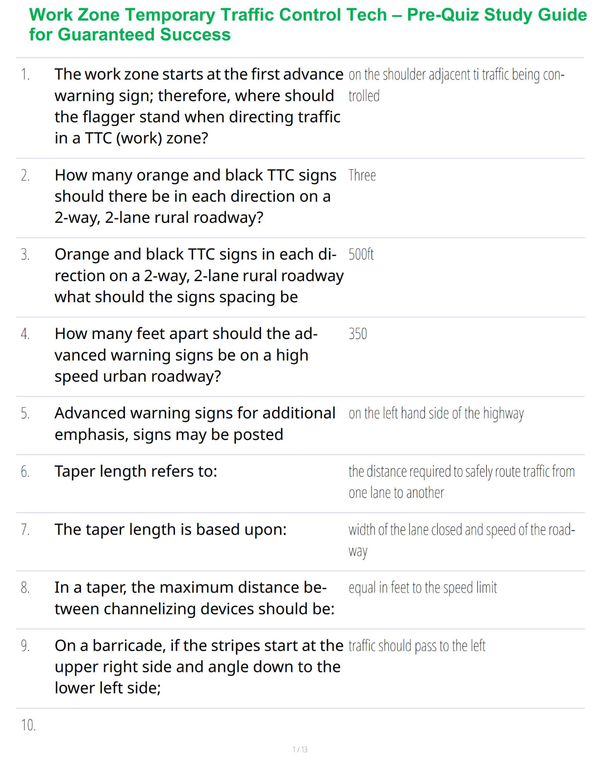 Work Zone Temporary Traffic Control Tech – Pre-Quiz Study Guide for Guaranteed Success