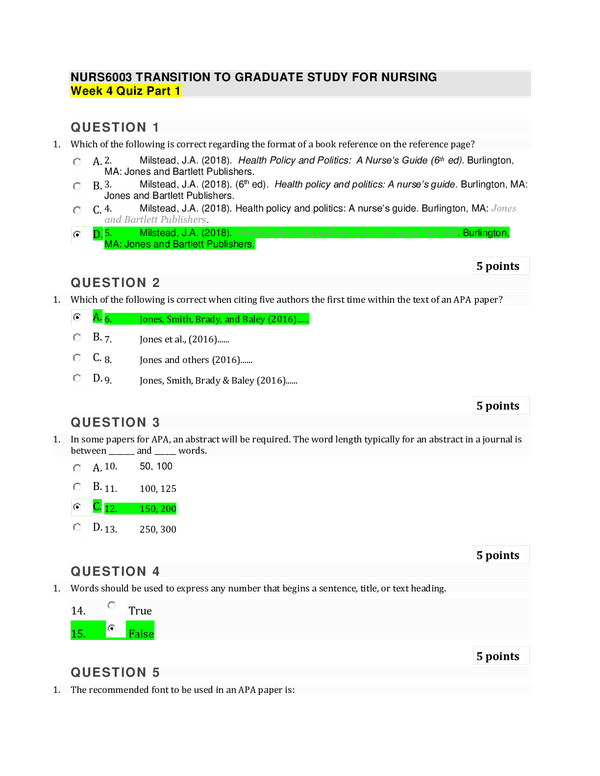 NURS6003 TRANSITION TO GRADUATE STUDY FOR NURSING Week 4 Quiz Part 1.