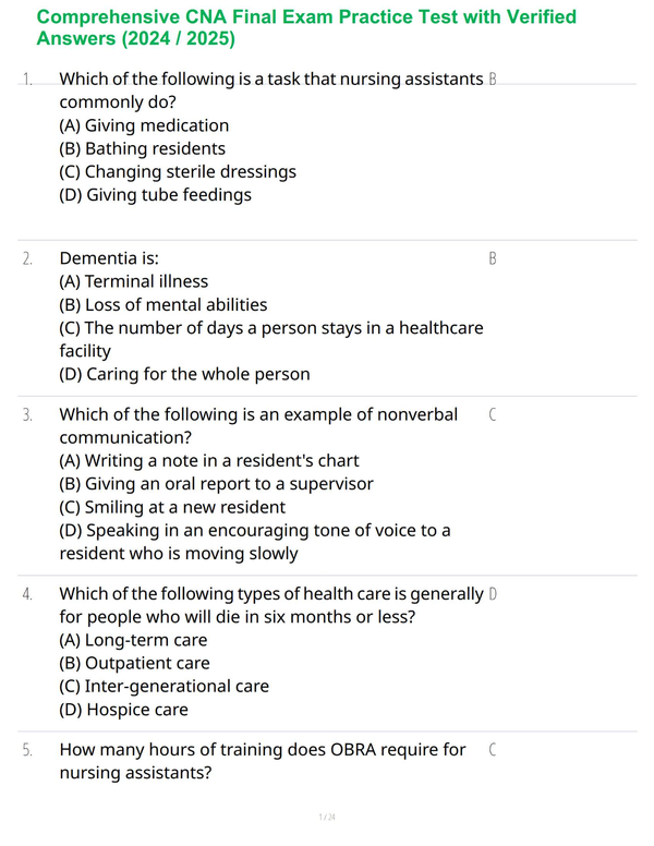 Comprehensive CNA Final Exam Practice Test with Verified Answers (2024 / 2025)