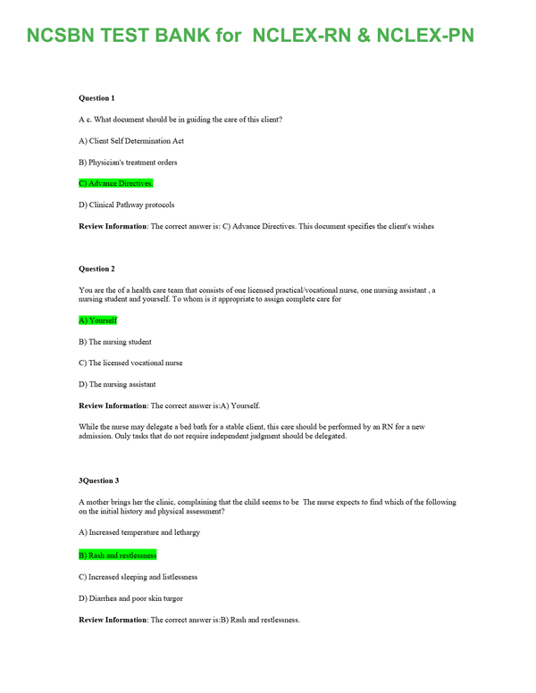 NCSBN TEST BANK for the NCLEX-RN & NCLEX-PN | Contains More than 2000 Q&A Plus Review and Rationale