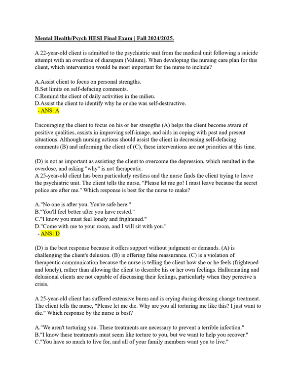 Mental Health/Psych HESI Final Exam | Fall 2024/2025.