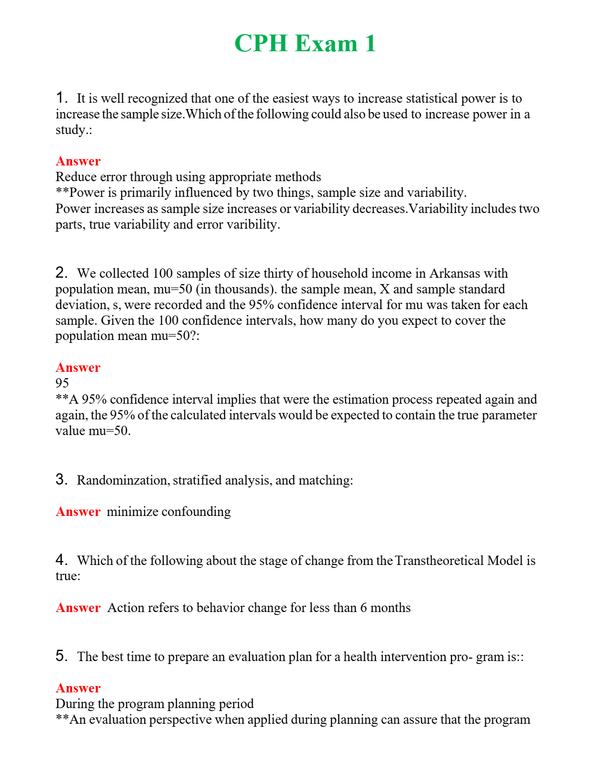 CPH Exam 1 | Actual Questions and Verified Answers ( Included ) 100% Correct
