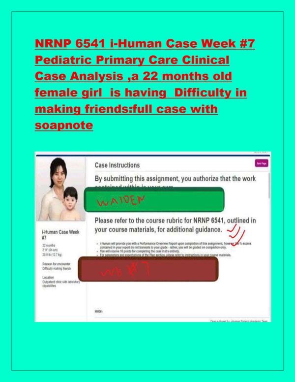 NRNP 6541 iHuman Case Week #7 Pediatric Primary Care Clinical Case Analysis ,a 22 months old female girl is having Difficulty in making friends:full case with soapnote