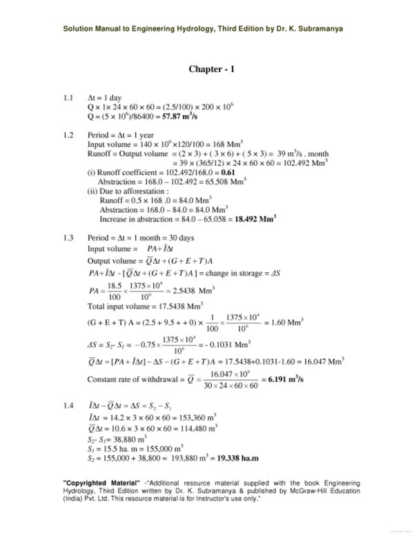 solutions manual for engineering hydrology 3rd edition by dr.k. subramanya