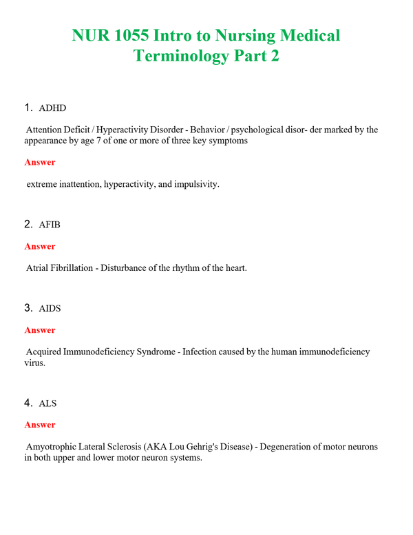 NUR 1055 INTRO TO NURSING MEDICAL TERMINOLOGY PART 2 | ACTUAL QUESTIONS AND ANSWERS 100% CORRECT