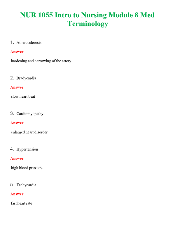 NUR 1055 INTRO TO NURSING MODULE 8 MED TERMINOLOGY | QUESTIONS AND ANSWERS INCLUDED