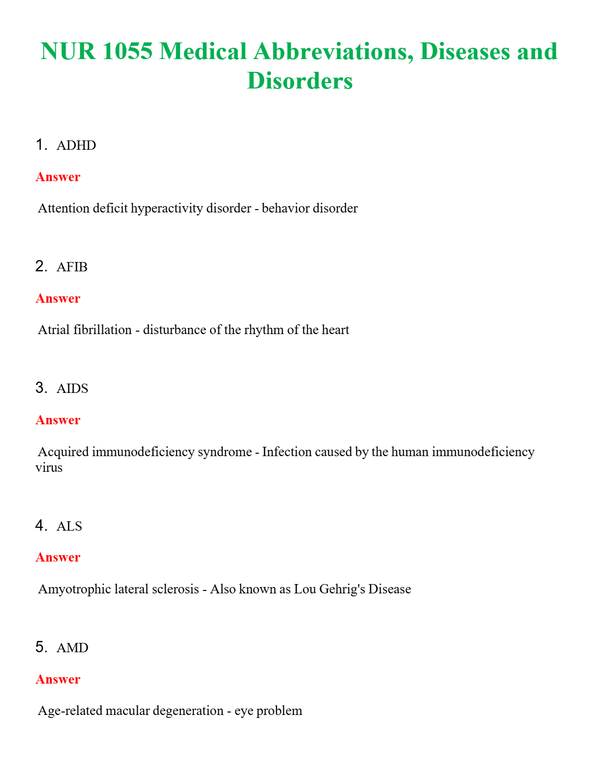 NUR 1055 MEDICAL ABBREVIATIONS, DISEASES AND DISORDERS | COMPLETE ANSWERS 100% CORRECT