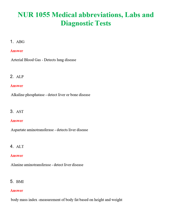 NUR 1055 MEDICAL ABBREVIATIONS, LABS AND DIAGNOSTIC TESTS | GRADED A+ QUESTIONS & ANSWERS