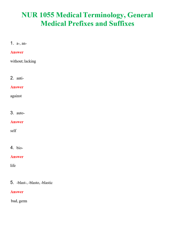 NUR 1055 MEDICAL TERMINOLOGY, GENERAL MEDICAL PREFIXES AND SUFFIXES | A SOLVED 100% CORRECT