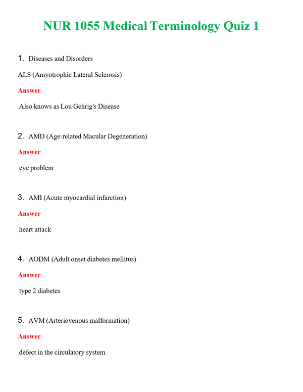 NUR 1055 MEDICAL TERMINOLOGY QUIZ 1 | NEW FULL QUESTIONS AND ANSWERS 100% CORRECT