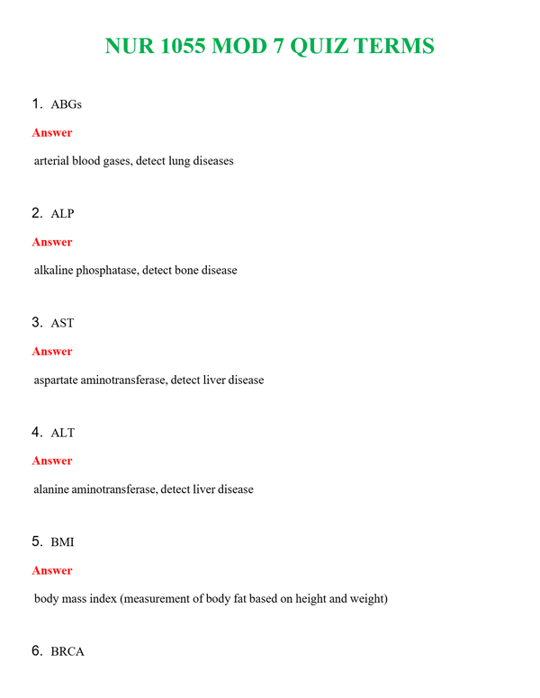 NUR 1055 MOD 7 QUIZ TERMS | WITH 100% VERIFIED ANSWERS