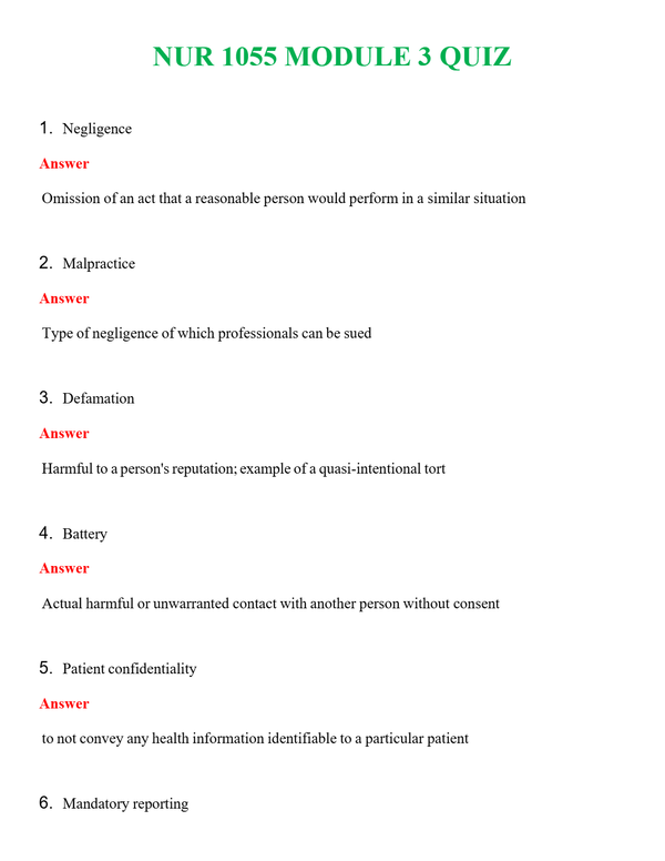NUR 1055 MODULE 3 QUIZ | QUESTIONS & ANSWERS (SOLVED)