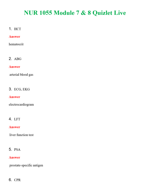 NUR 1055 MODULE 7 & 8 QUIZLET LIVE | QUESTIONS & ANSWERS (SOLVED)