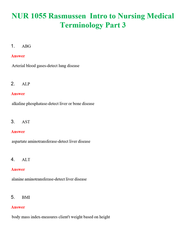 NUR 1055 RASMUSSEN INTRO TO NURSING MEDICAL TERMINOLOGY PART 3 | ACTUAL QUESTIONS AND ANSWERS 100% CORRECT