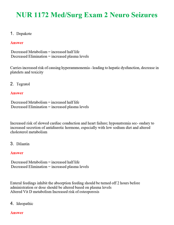 NUR 1172 MED SURG EXAM 2 NEURO SEIZURES | COMPLETE ANSWERS 100% CORRECT