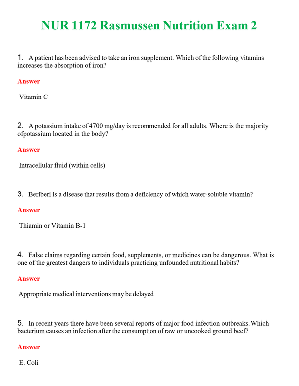 NUR 1172 RASMUSSEN NUTRITION EXAM 2 | NEW FULL QUESTIONS AND ANSWERS 100% CORRECT