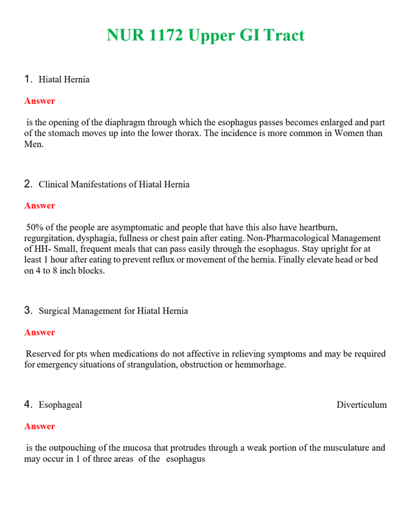 NUR 1172 UPPER GI TRACT | COMPLETE ANSWERS 100% CORRECT