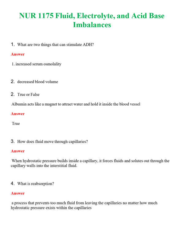 NUR 1175 FLUID, ELECTROLYTE, AND ACID BASE IMBALANCES | GRADED A+ QUESTIONS & ANSWERS
