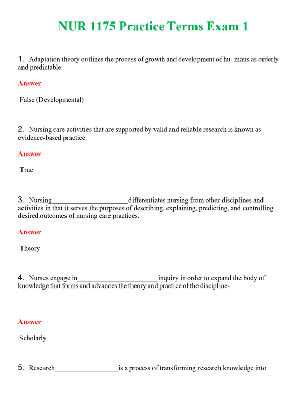 NUR 1175 PRACTICE TERMS EXAM 1 | A+ RATED GUIDE | QUESTIONS AND ANSWERS (SOLVED)