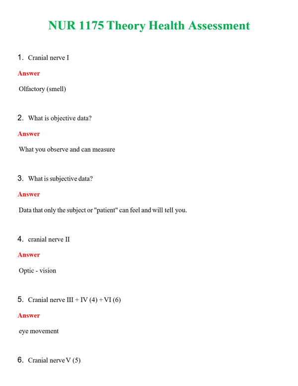 NUR 1175 THEORY HEALTH ASSESSMENT | QUESTIONS & ANSWERS (SOLVED)