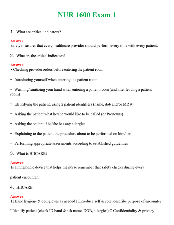 NUR 1600 EXAM 1 | QUESTIONS & ANSWERS (SOLVED)