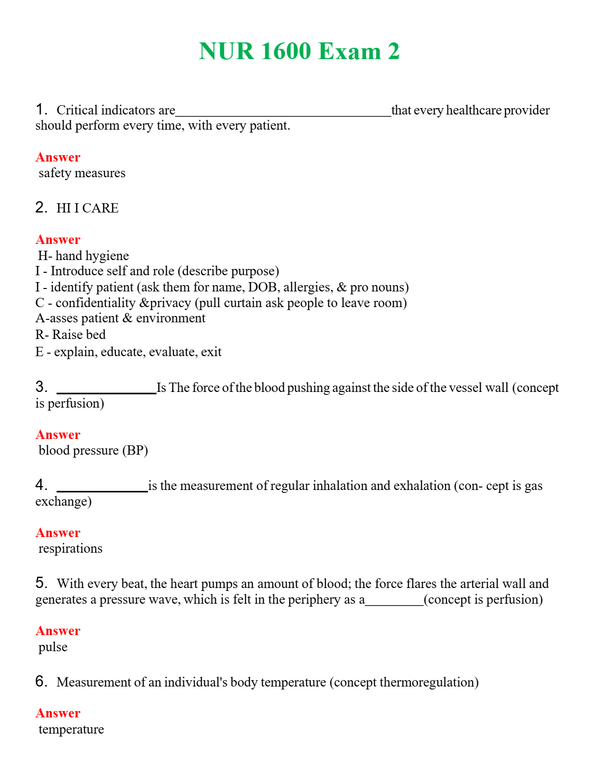 NUR 1600 EXAM 2 | (ACTUAL EXAM ) QUESTIONS AND ANSWERS (SOLVED)