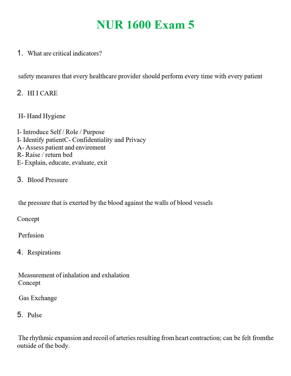 NUR 1600 EXAM 5 | A+ RATED GUIDE | QUESTIONS AND ANSWERS (SOLVED)