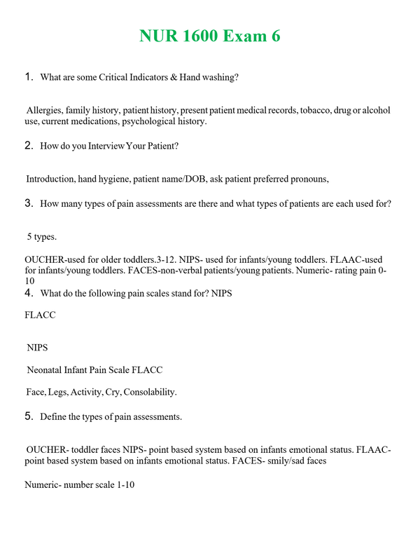 NUR 1600 EXAM 6 | A SOLVED 100% CORRECT