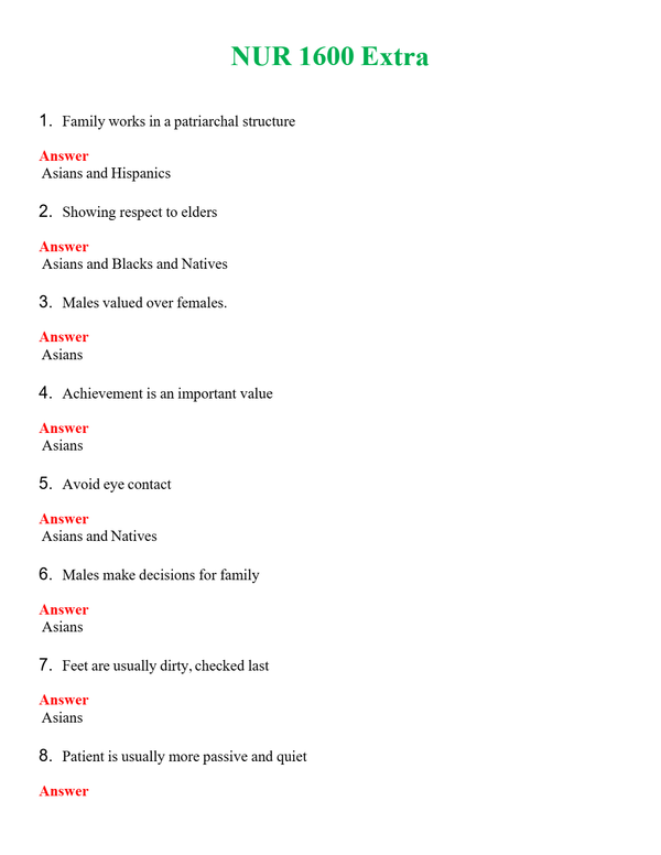 NUR 1600 EXTRA | NEW FULL QUESTIONS AND ANSWERS 100% CORRECT