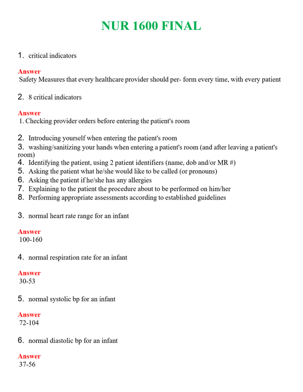 NUR 1600 FINAL | GRADED A+ QUESTIONS & ANSWERS