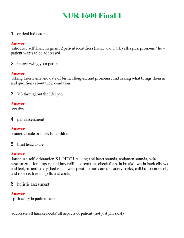 NUR 1600 FINAL 1 | COMPLETE ANSWERS 100% CORRECT