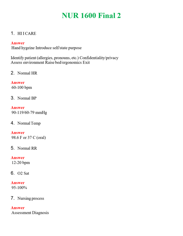 NUR 1600 FINAL 2 | ACTUAL QUESTIONS AND ANSWERS 100% CORRECT