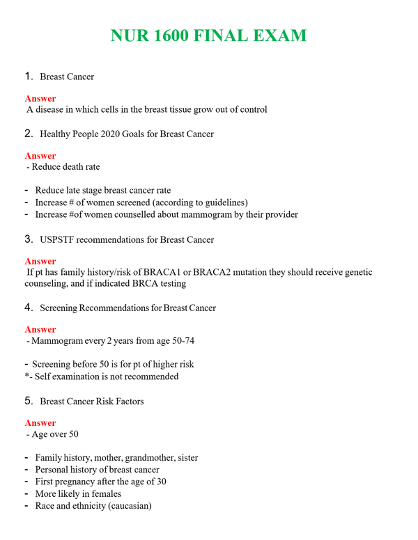 NUR 1600 FINAL EXAM | ACTUAL QUESTIONS AND ANSWERS 100% CORRECT