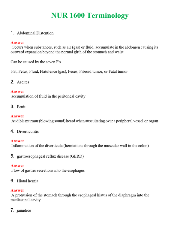 NUR 1600 TERMINOLOGY | NEW FULL QUESTIONS AND ANSWERS 100% CORRECT