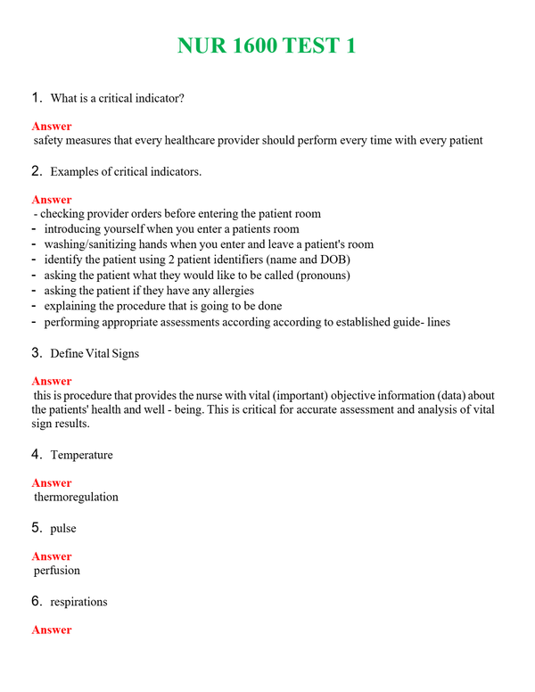 NUR 1600 TEST 1 | GRADED A+ SOLVED 100% CORRECT