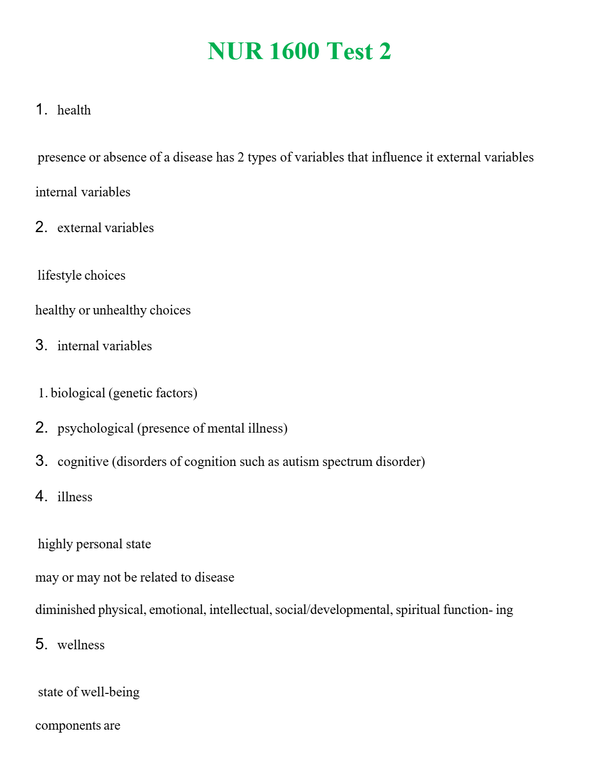 NUR 1600 TEST 2 | ACTUAL QUESTIONS AND ANSWERS 100% CORRECT