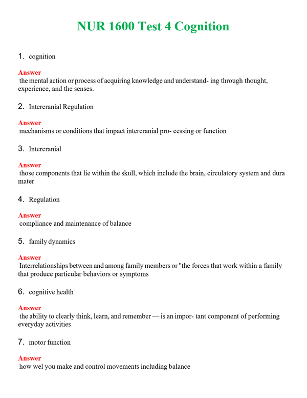 NUR 1600 TEST 4 COGNITION | QUESTIONS AND ANSWERS INCLUDED