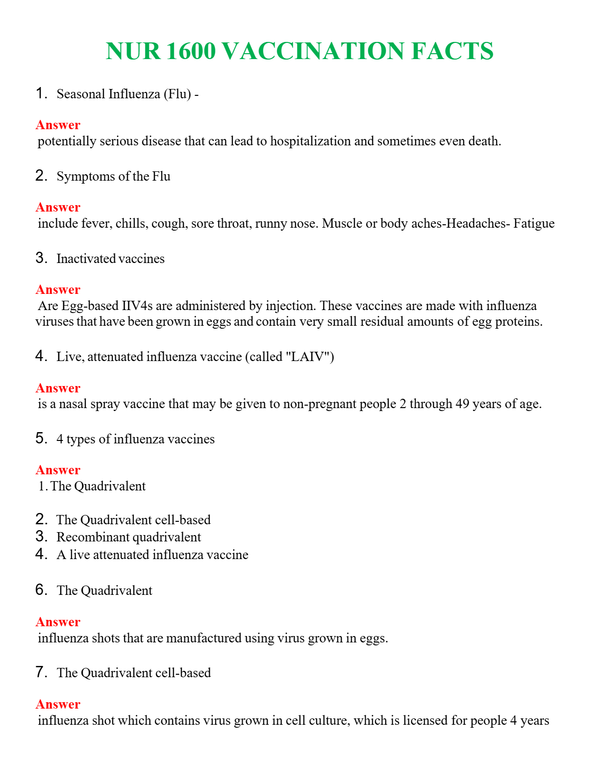 NUR 1600 VACCINATION FACTS | A++ EXAM WITH ALL NEW QS & AS - GUARANTEED PASS!