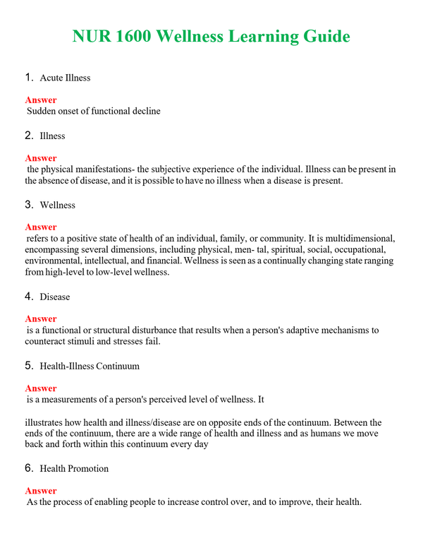 NUR 1600 WELLNESS LEARNING GUIDE | GRADED A+ SOLVED 100% CORRECT