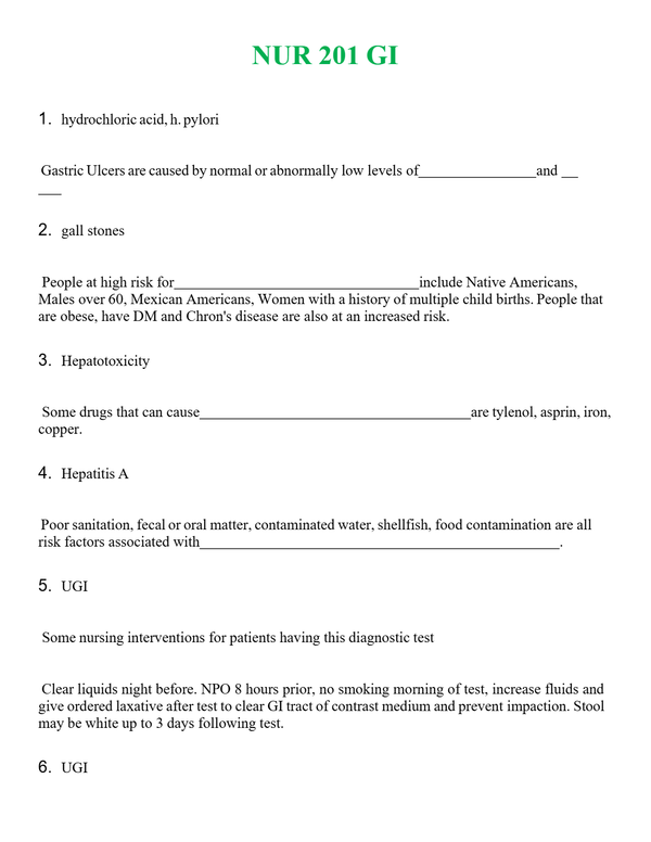 NUR 201 GI | GRADED A+ QUESTIONS AND ANSWERS (SOLVED)