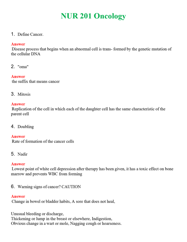NUR 201 ONCOLOGY | COMPLETE ANSWERS 100% CORRECT