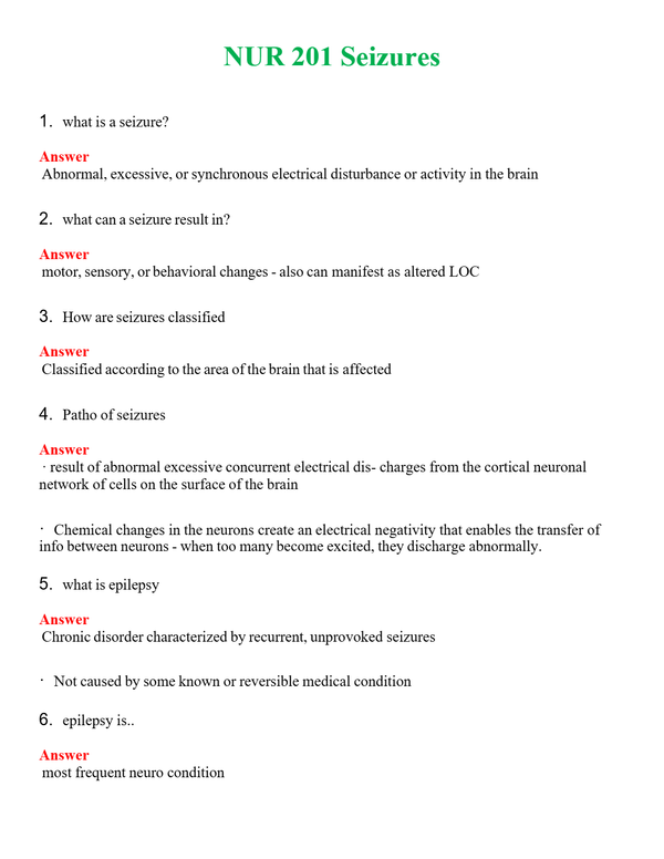 NUR 201 SEIZURES | ACTUAL QUESTIONS AND ANSWERS 100% CORRECT