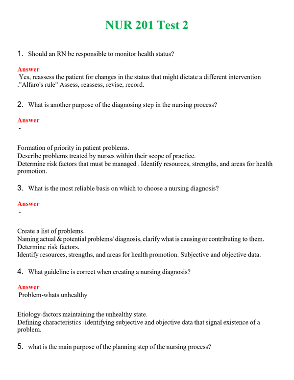 NUR 201 TEST 2 | COMPLETE QUESTIONS & ANSWERS (SOLVED) 100% CORRECT