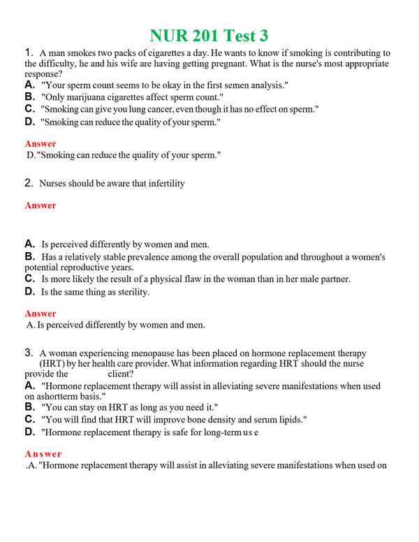 NUR 201 TEST 3 | QUESTIONS AND ANSWERS INCLUDED
