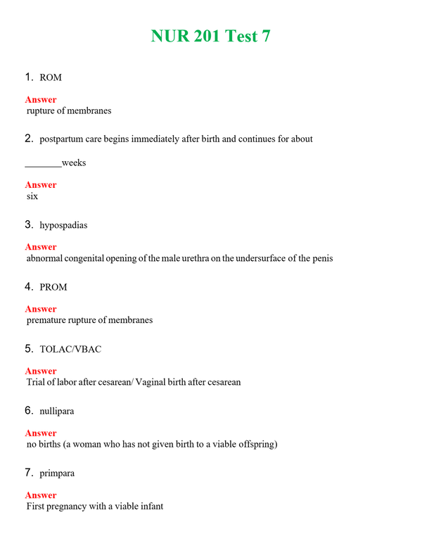 NUR 201 TEST 7 | ACTUAL QUESTIONS AND ANSWERS 100% CORRECT