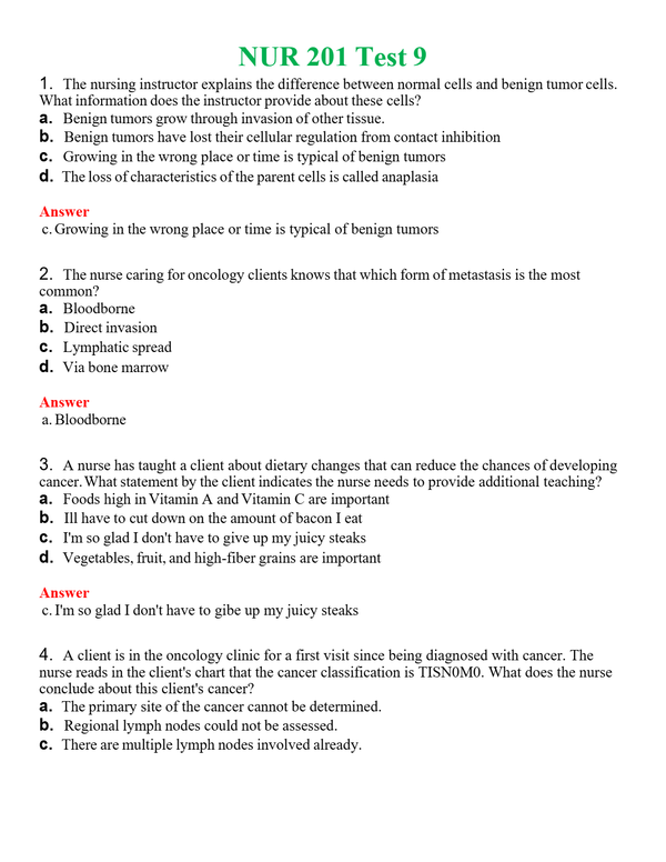 NUR 201 TEST 9 | ACTUAL QUESTIONS AND ANSWERS 100% CORRECT